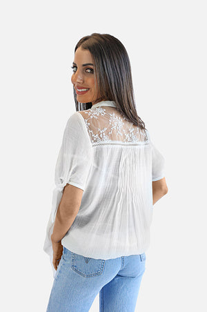 White Lace Neckline Woven Top