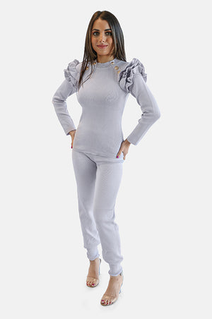 Frill Shoulder Ribbed Loungewear Set