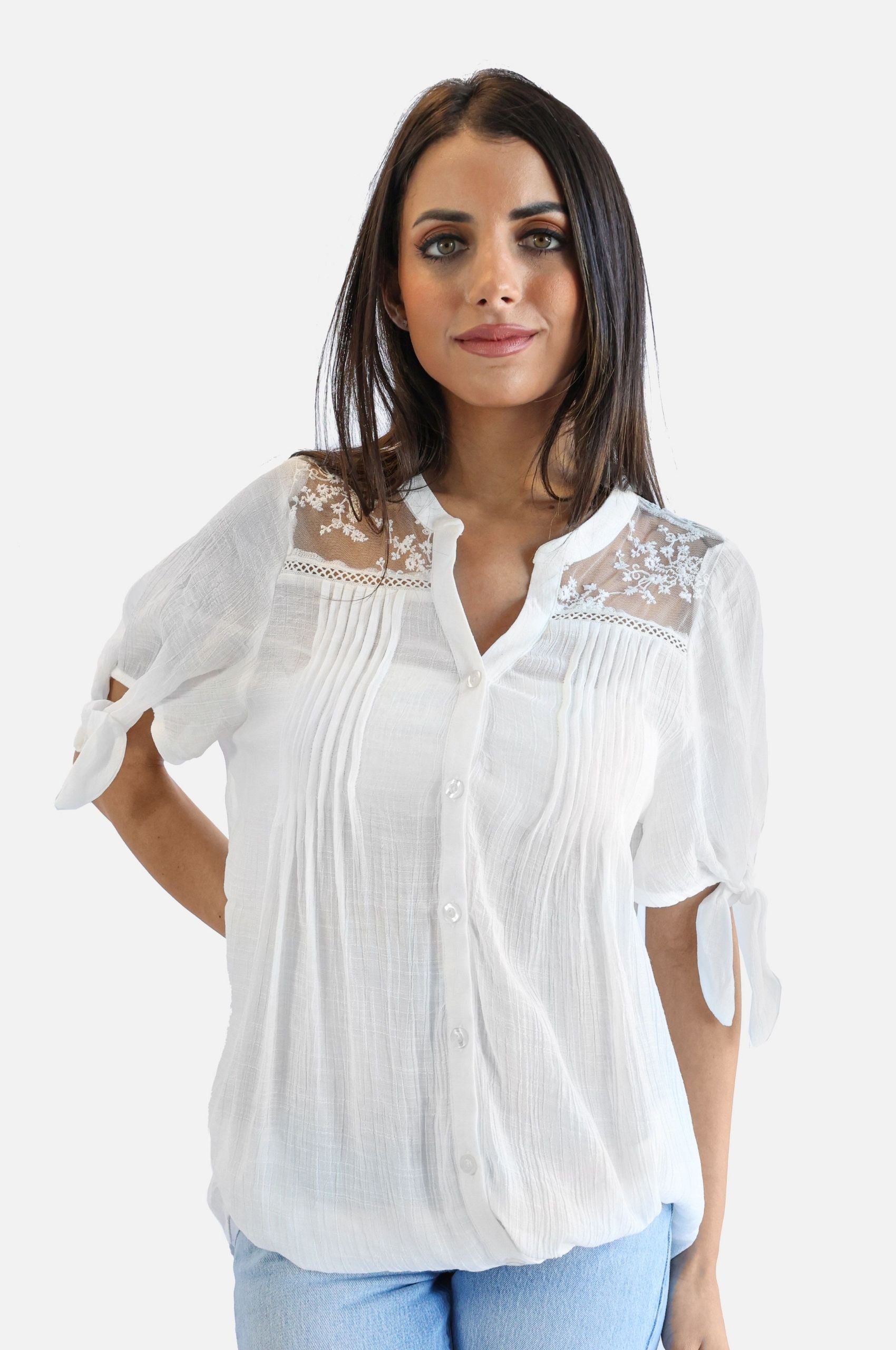 White Lace Neckline Woven Top