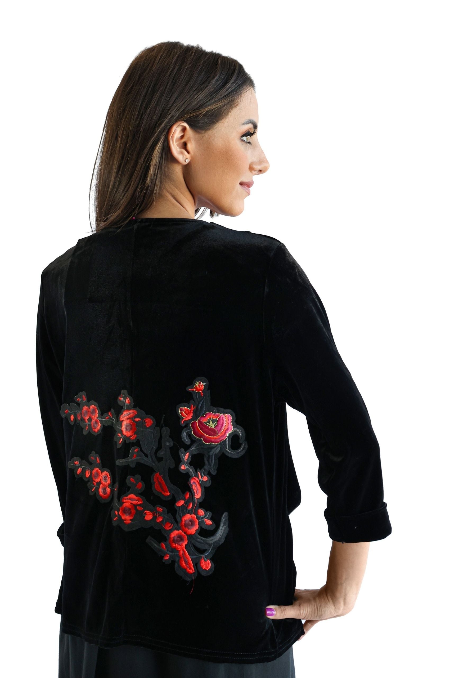 Velour Blazer With Floral Embroidery